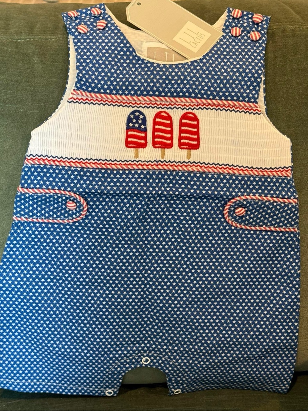 Lil Cactus Patriotic Blue & White Smocked Popsicle One-Piece - Kids